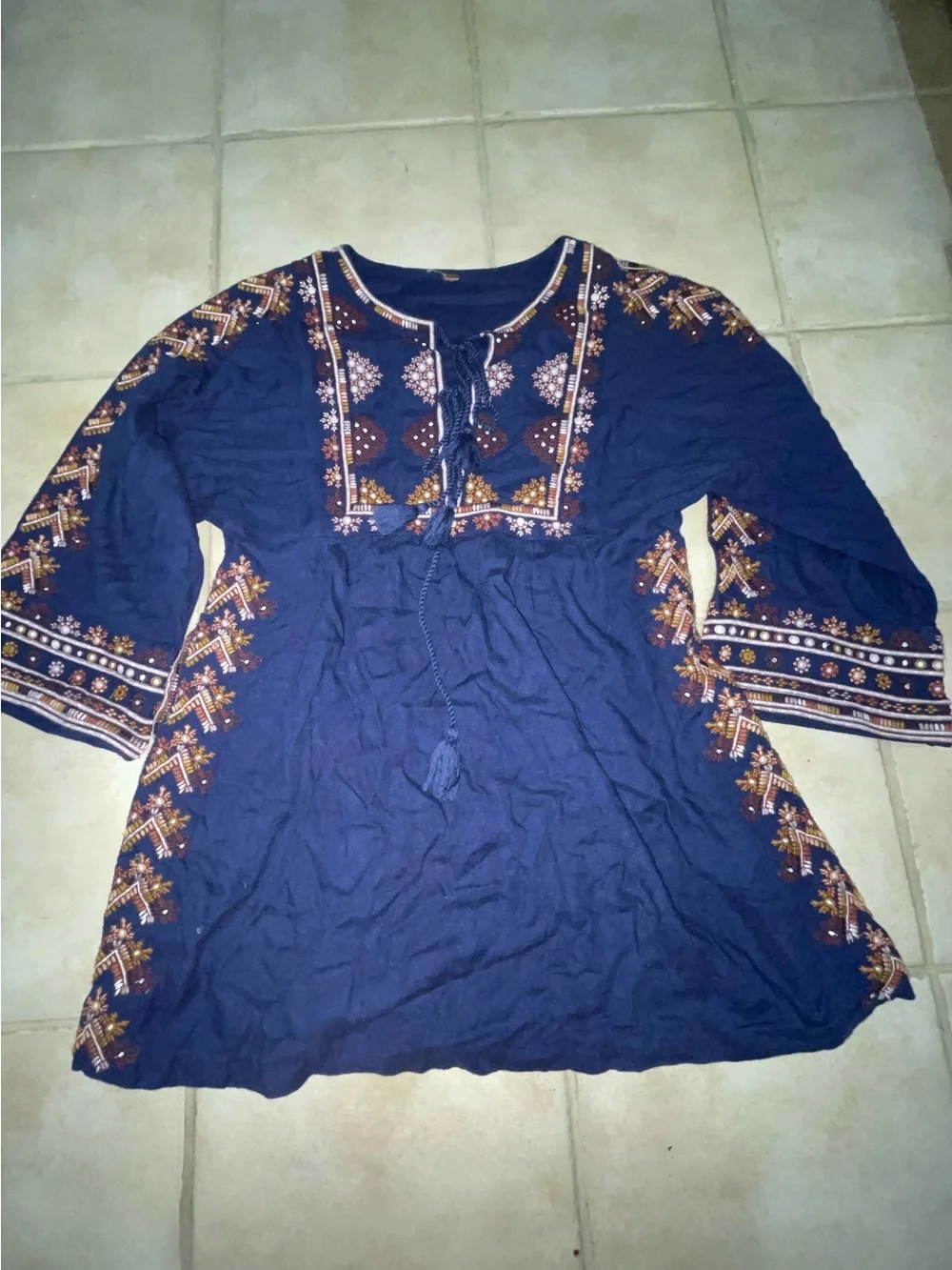 Free People Embroidered Boho Blue Dresses Jolene Bell Sleeve Swing M